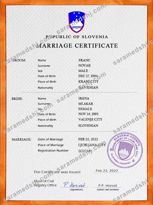 Slovenia marriage certificate PSD template